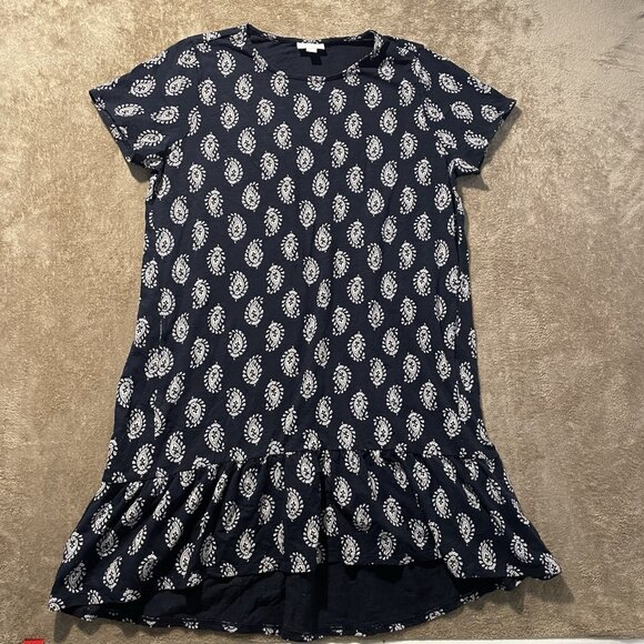 J Jill Dress Womens Large Petite Navy Blue Paisley Knee Short Sleev Swing Modest - Picture 1 of 6